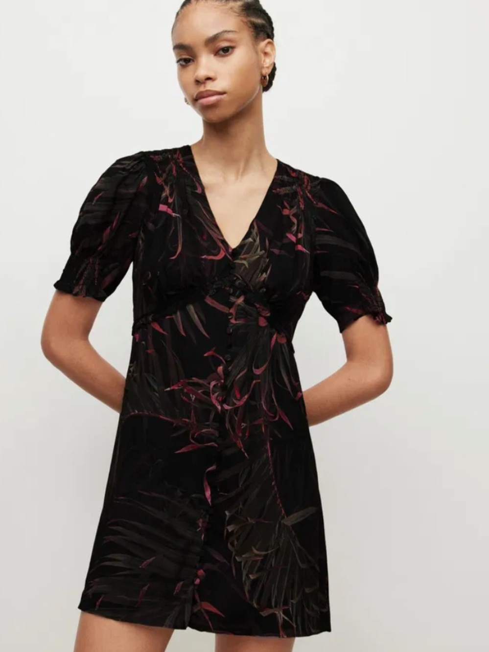 All Saints Demi Luar Black Print Mini Dress 8 - Picture 1 of 8